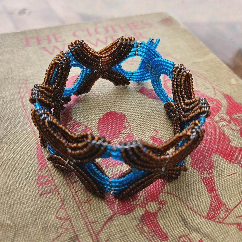 Handmade Beaded Wire Bracelet Brown Blue Geometric Statement Bangle